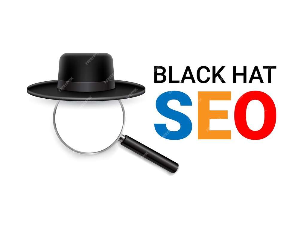 black hat seo banner with magnify glass other search engine optimization tools 992054 111